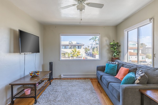 Comfy living room with plenty of San Diego sun light