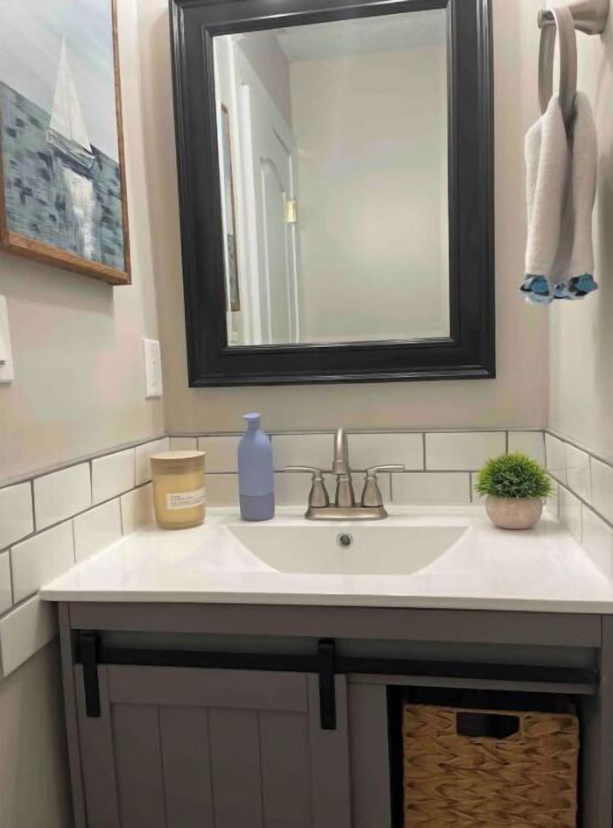 A bathroom with a white sink, a mirror, a towel rack, and a small potted plant.