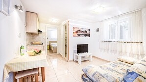 Ein kompakter Wohnbereich mit Küchenzeile, Essbereich, Fernseher und Bett.