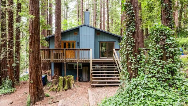 A cabin in a forest with a wooden deck and stairs leading to the entrance.