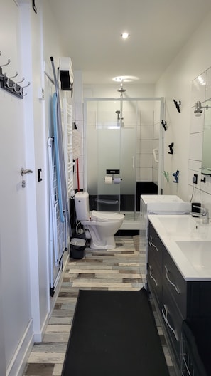 Shower, hair dryer, towels, soap