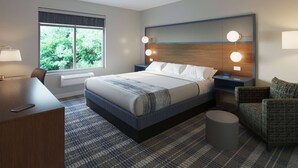 Een moderne hotelkamer met een groot bed, een bureau, een stoel en uitzicht op groen buiten het raam.