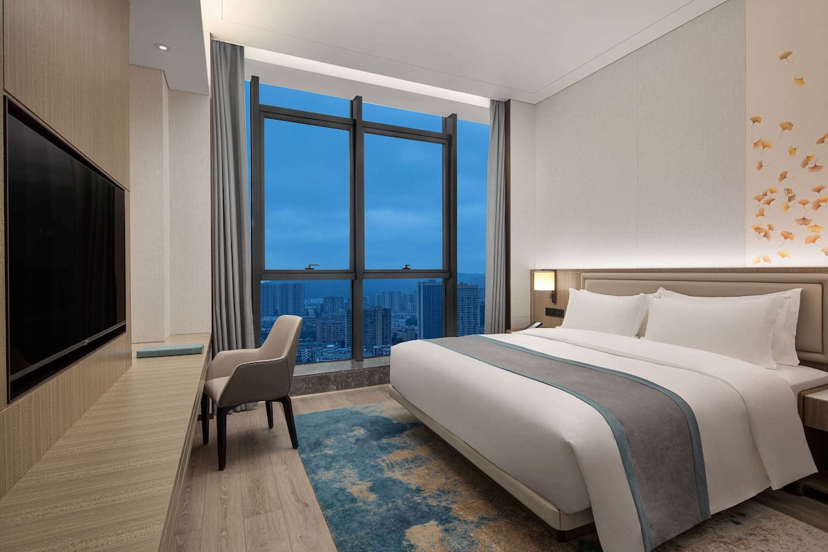 A hotel room with a large bed, a TV, a chair, and a city view.