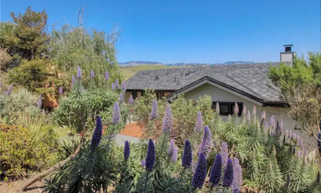 Ein Haus mit geneigtem Dach, umgeben von einem Garten mit violetten Blumen und verschiedenen Sträuchern.