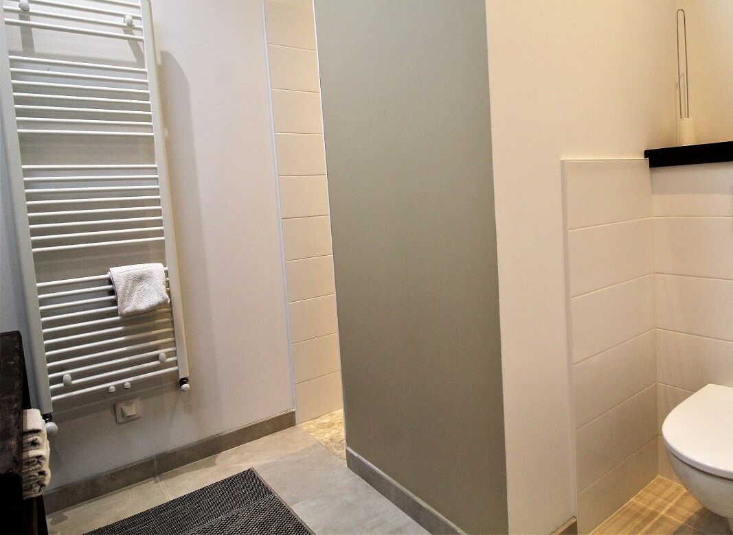 A bathroom with a white toilet, a towel rack with a white towel, and a shower area with a white towel.