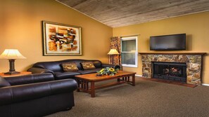 Télévision, cheminée, lecteur de DVD, vidéothèque