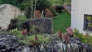 Un jardín con muro de piedra, diversas plantas y un edificio blanco con tejado rojo.