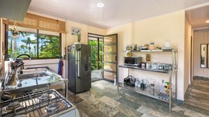 A modern kitchen with a gas stove, stainless steel appliances, and a large window offering a view of greenery. - Pura Vidaville. Jungle Oasis w/AC, Fast WiFi & Private River Access-Tenorio Park (Bijagua)