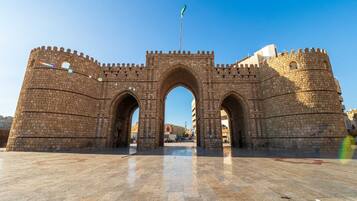 Un arco de piedra histórica con una bandera en la parte superior, que da paso a un área pavimentada.