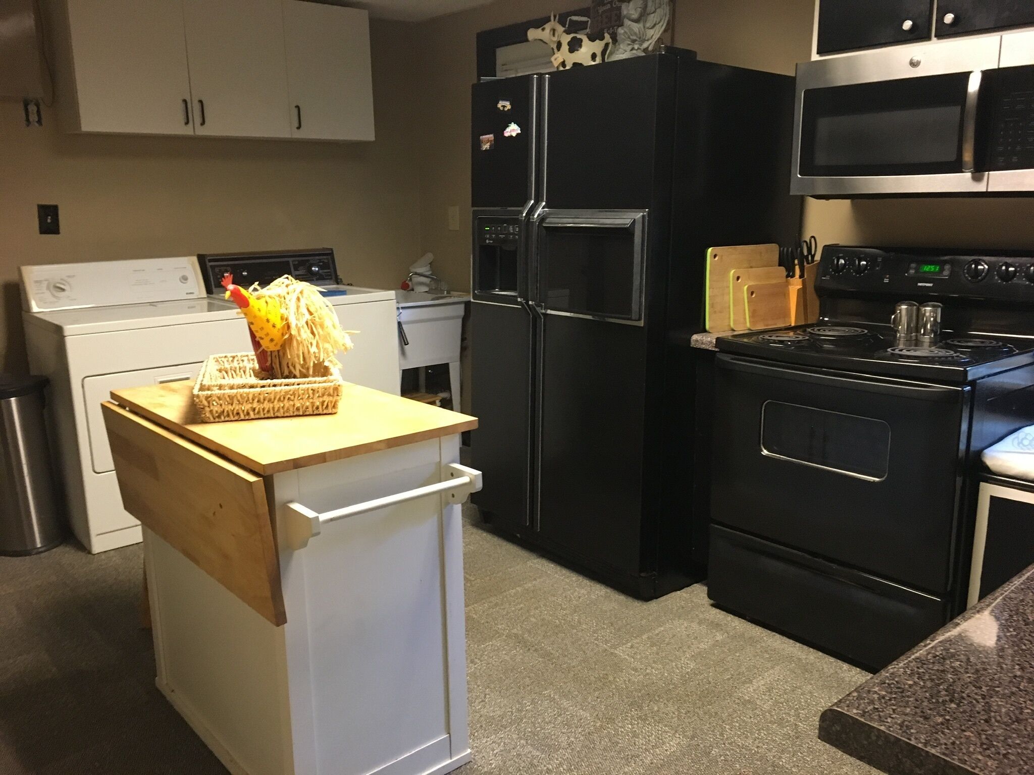 A compact kitchen with a refrigerator, microwave, stove, and a washing machine.