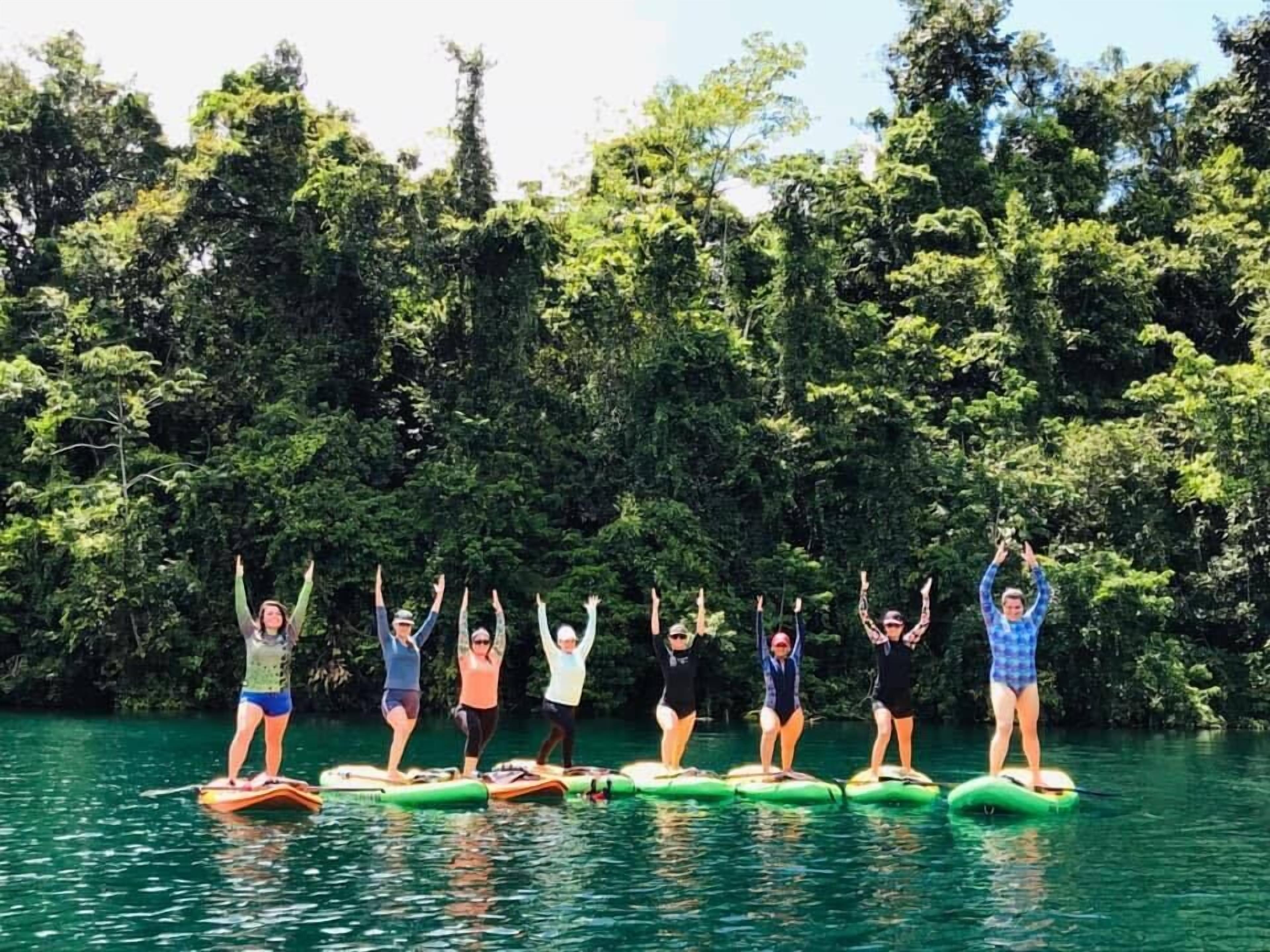 A group of people standing on floating platforms in a body of water, surrounded by dense greenery.