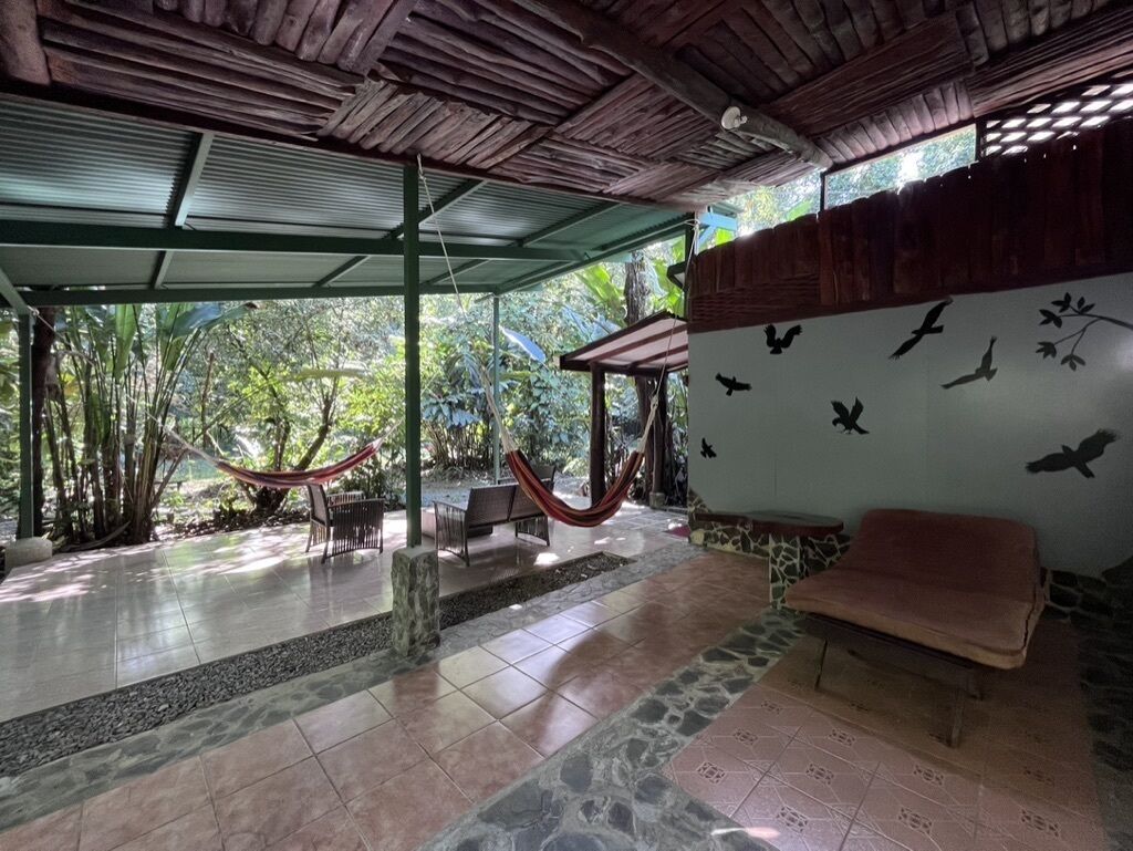 A covered outdoor area with a hammock, seating, and a wall with bird murals.