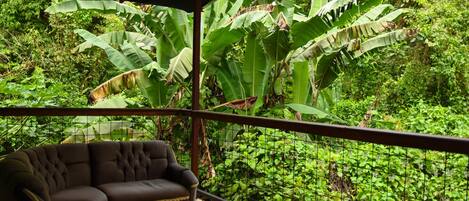 A balcony with a brown leather sofa and a glass table, overlooking a lush garden with large banana plants.