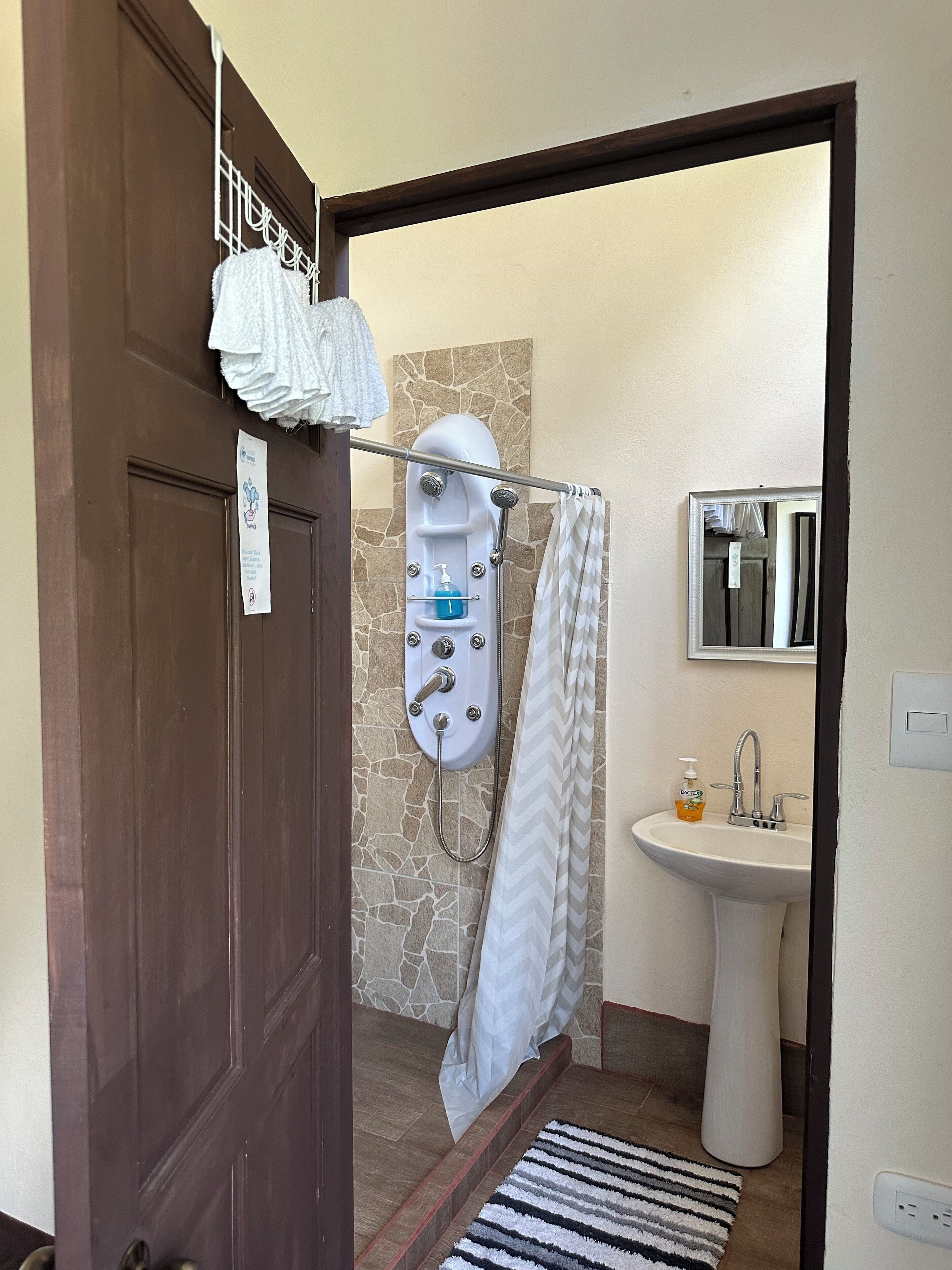 Une salle de bain avec une douche, un lavabo et un miroir.