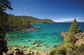 Escape to a serene coastal haven surrounded by lush forests and the turquoise sea.