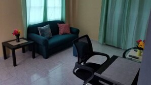 A living room with a sofa, a small table with a vase of flowers, a chair, and a window with curtains. - Royal View Apartment - One bedroom, one bathrooms (Belize City)