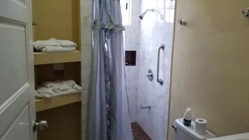 Shower, towels, soap, toilet paper