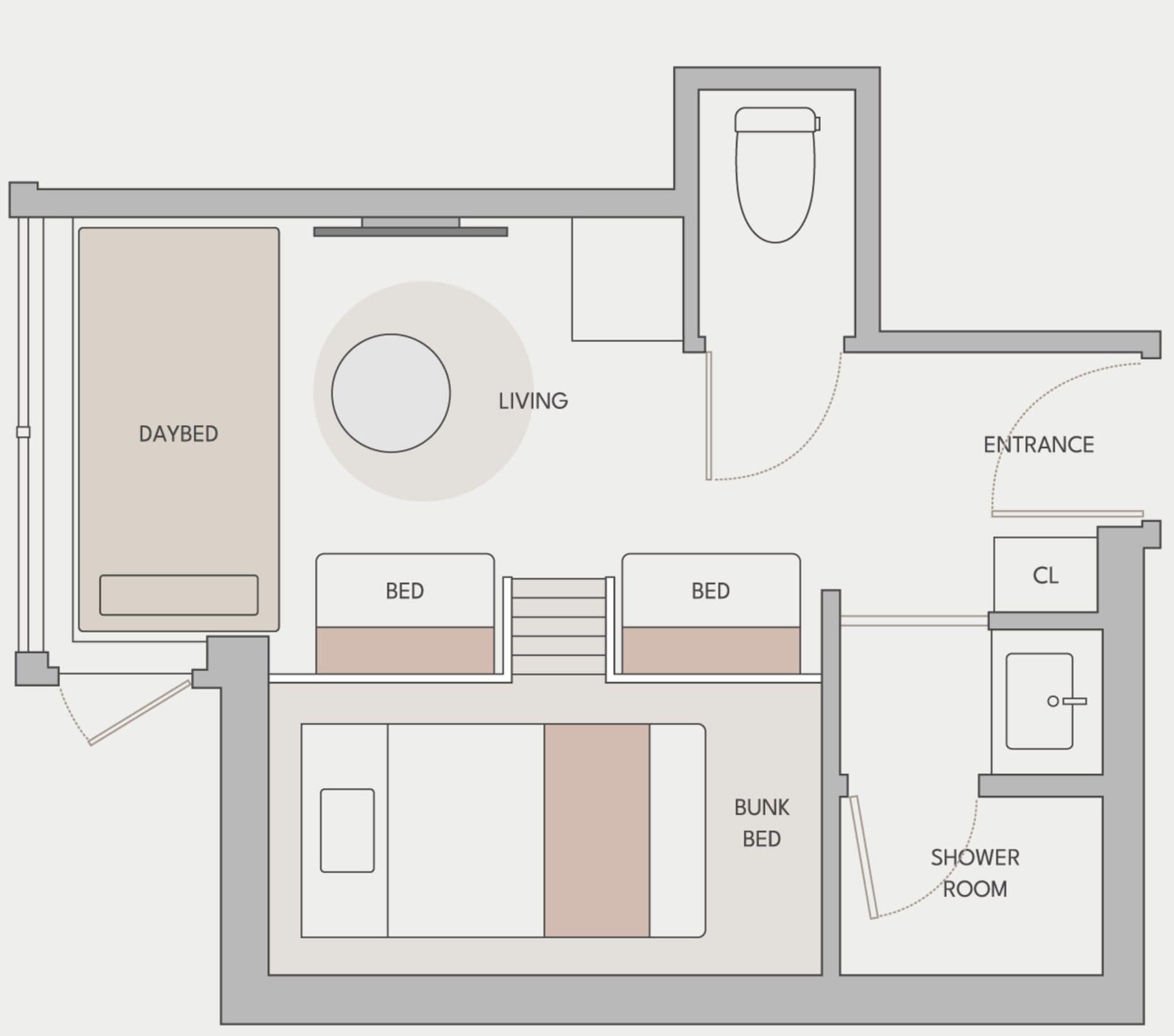 A floor plan with a daybed, living area, two beds, a bunk bed, a bathroom, and a shower room.
