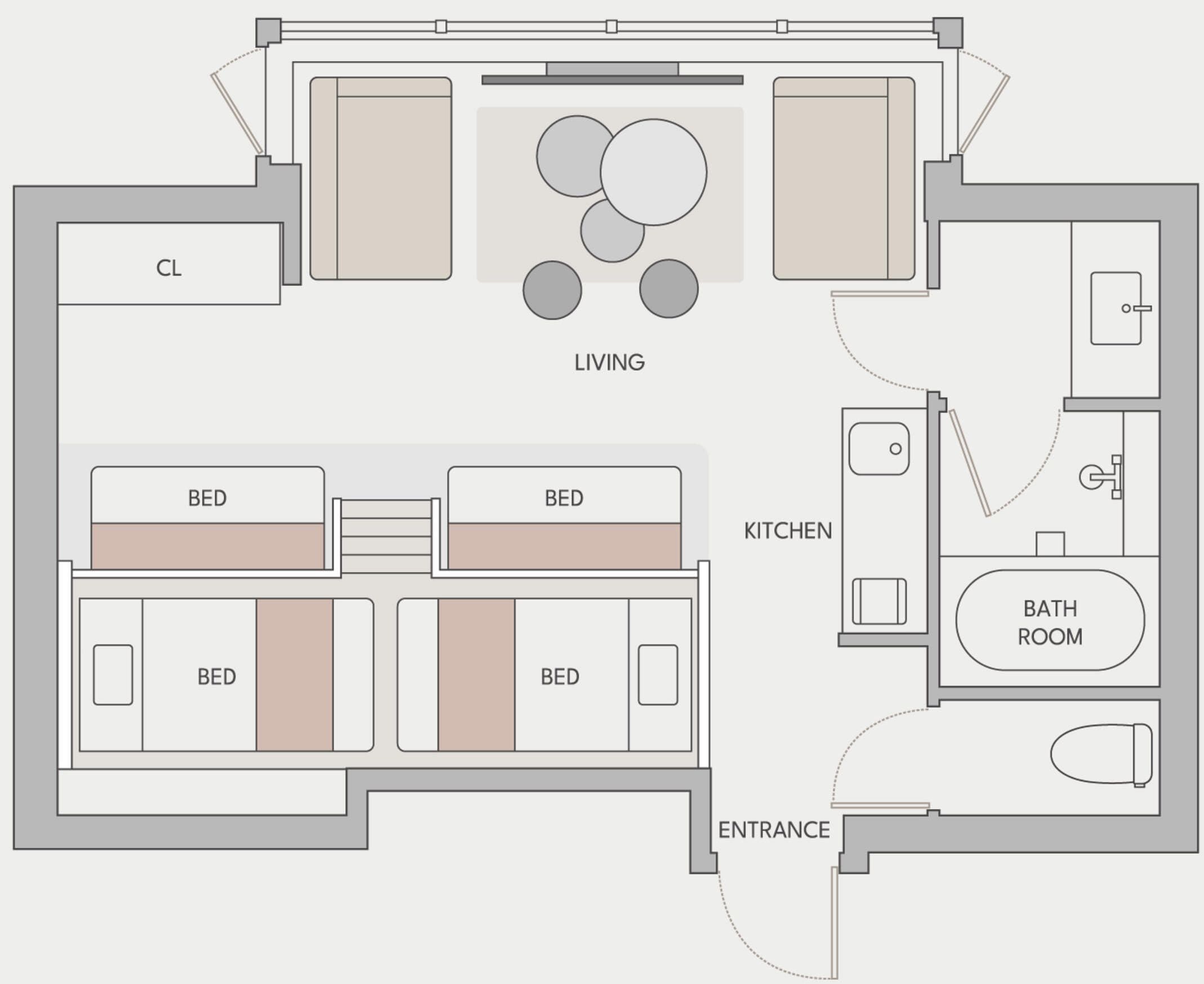 Plano de planta que muestra una sala de estar, cocina, baño y dos dormitorios.