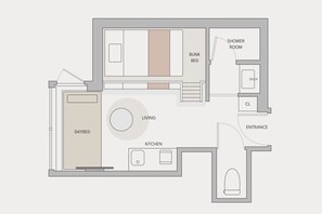 A floor plan of a hotel room with a daybed, bunk bed, living area, kitchen, shower room, and entrance. - fav TOKYO RYOGOKU (Tokyo)