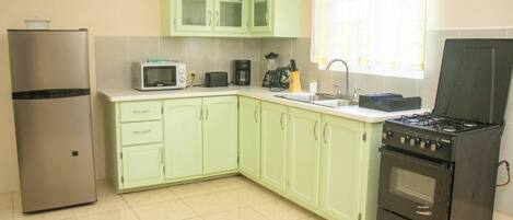 Fridge, microwave, oven, coffee/tea maker