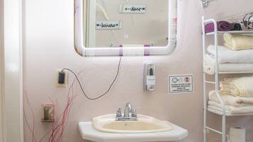 Shower, hair dryer, towels, shampoo