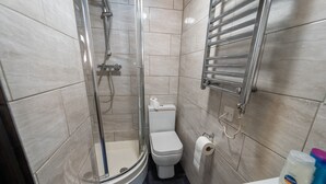 A modern bathroom with a glass-enclosed shower, a toilet, and a sink with toiletries. - Large studio 10 minute train journey to the city! (Birmingham)