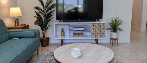 Smart TV, chimenea, libros y estéreo