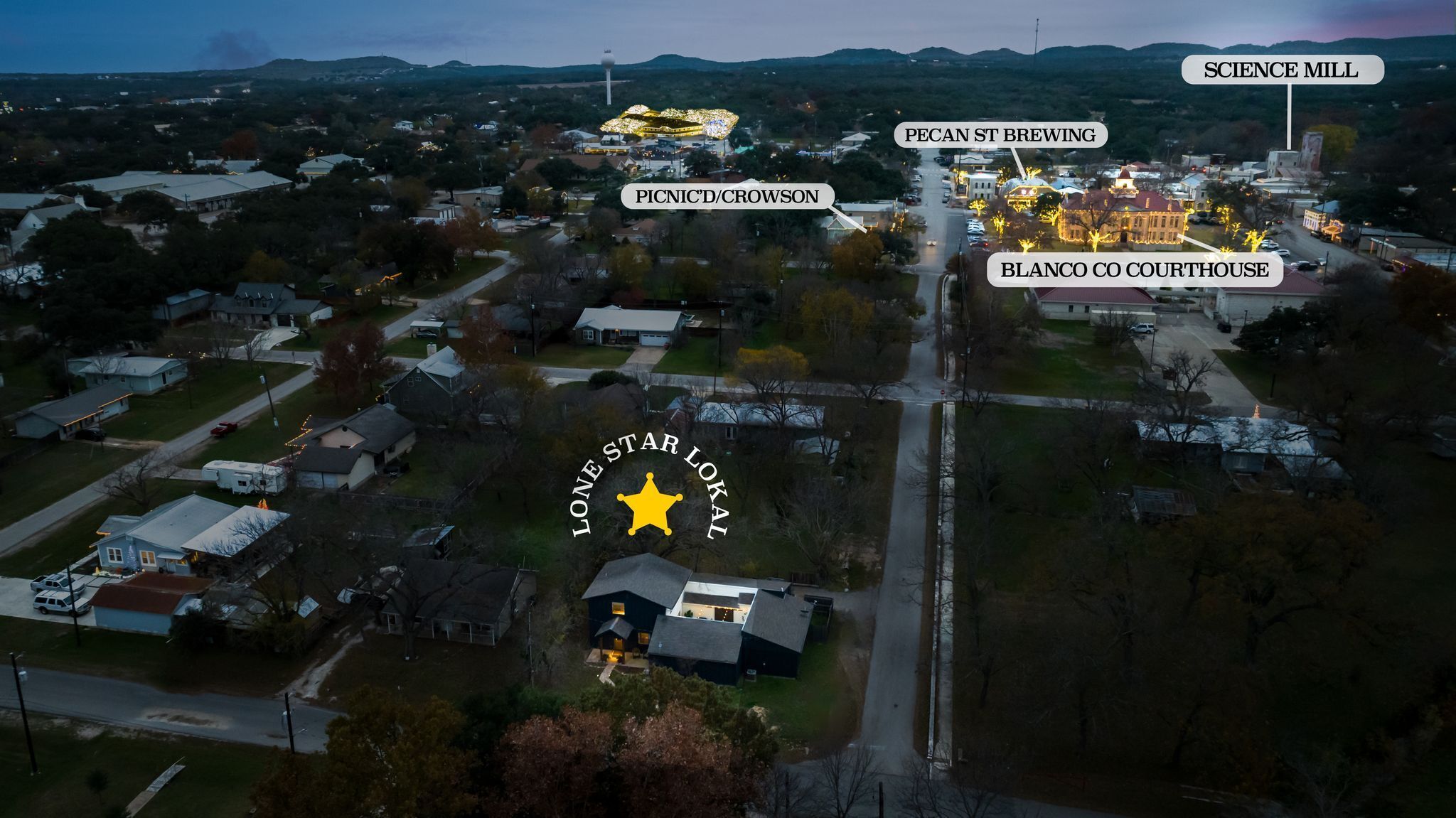 An aerial view of Lone Star Local with labeled landmarks including Pecan St Brewing, Picnic/Crowson, Blanco Co Courthouse, and Science Mill.