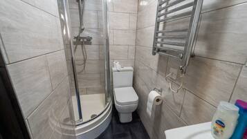 A modern bathroom with a glass-enclosed shower, a toilet, and a sink with toiletries.