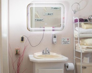A bathroom with a sink, mirror, towel rack, and a sign prohibiting flushing feminine products.