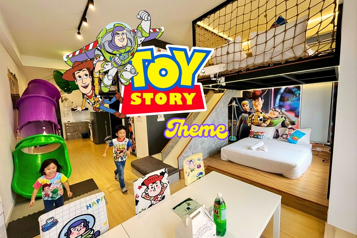 Toy Story Themed Loft Apartment Near LEGOLAN | Living area | 90-inch Smart TV with digital channels, TV, Netflix