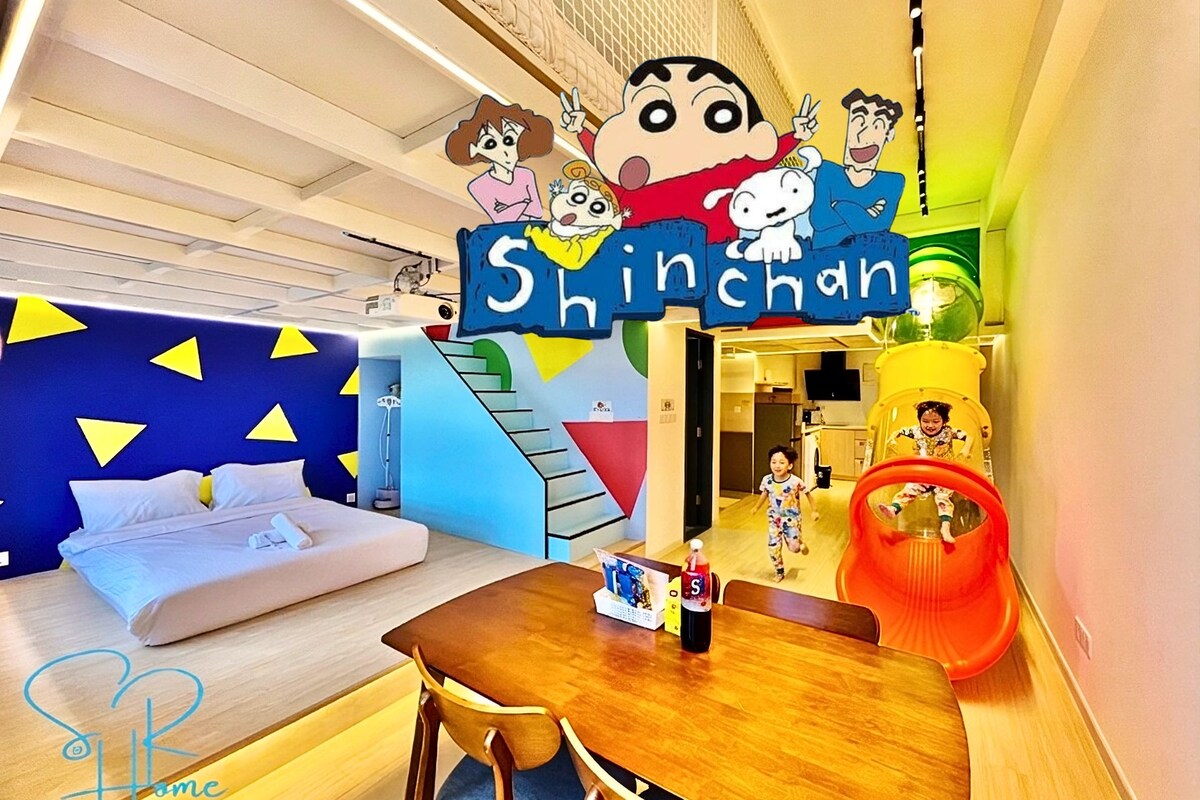 Shin Chan Themed Loft Apartment | Living area | 90-inch Smart TV with digital channels, TV, Netflix