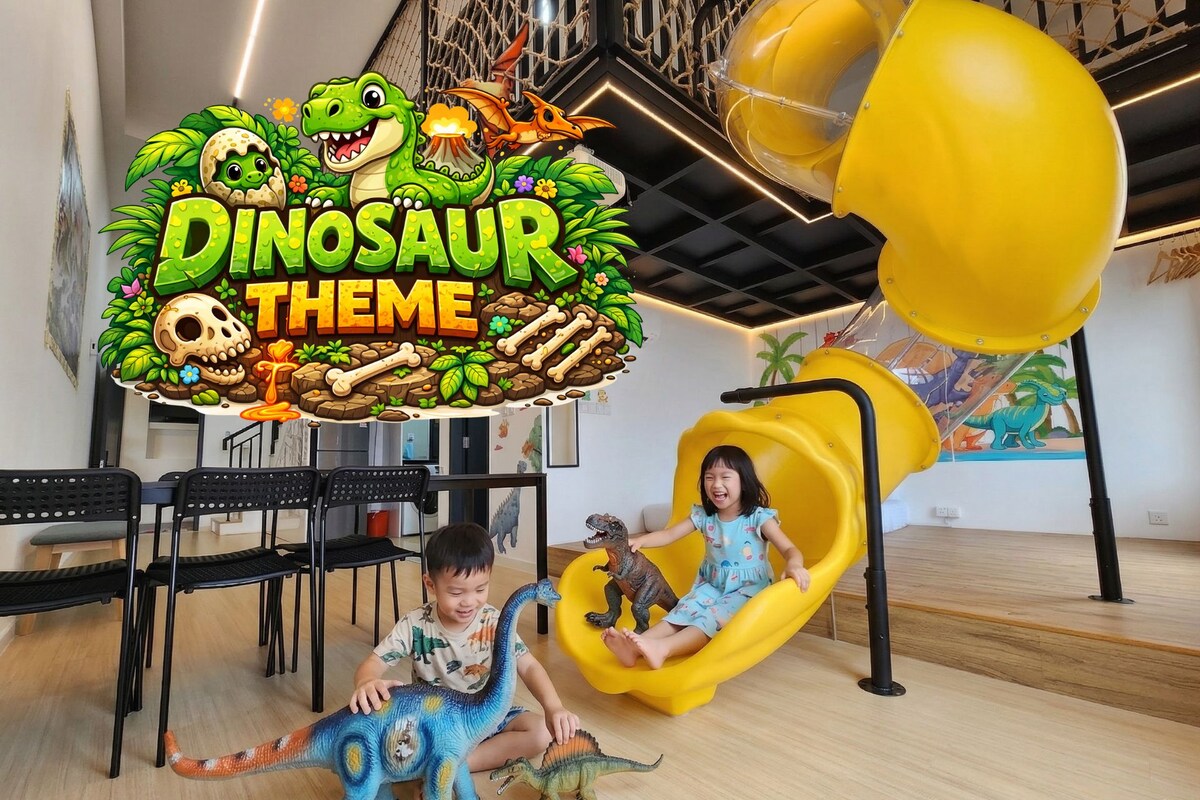 Dinosaur Family Homestay Near Legoland w Slide | Living area | 90-inch Smart TV with digital channels, TV, Netflix