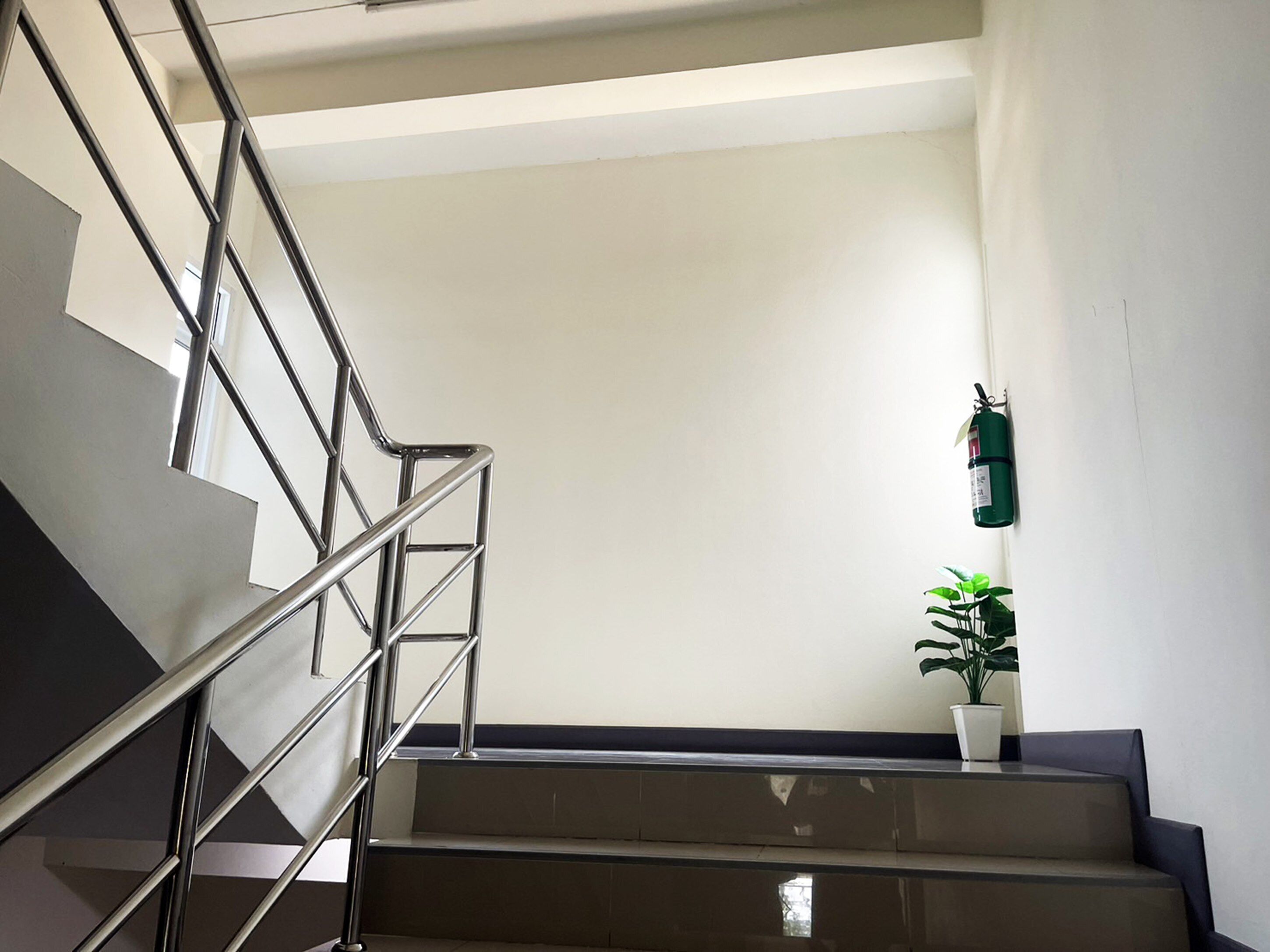 Una escalera con barandillas de metal, un extintor en la pared y una planta en el rellano.