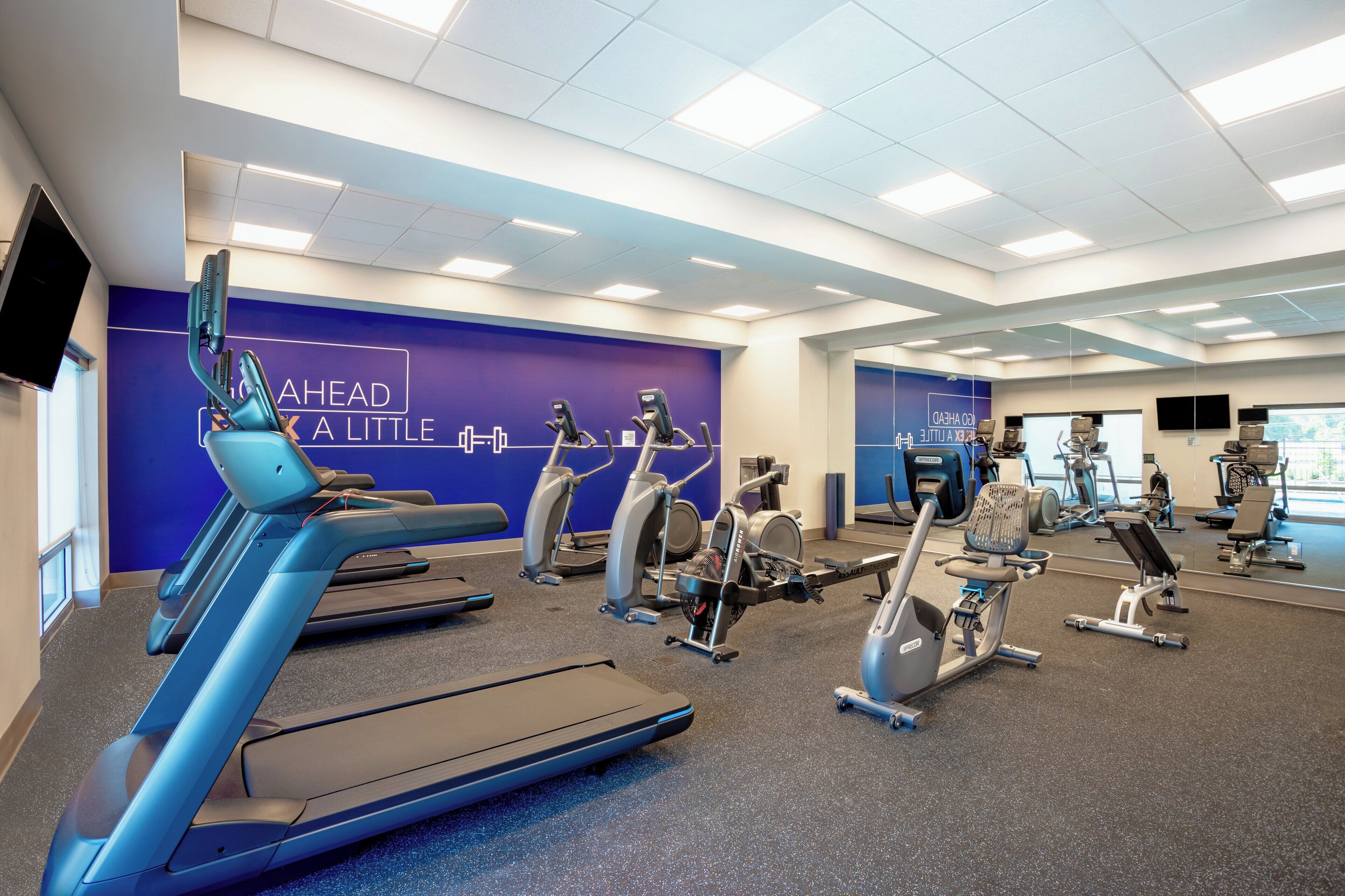 Une salle de sport équipée de tapis de course, d’appareils elliptiques et de vélos d’appartement.