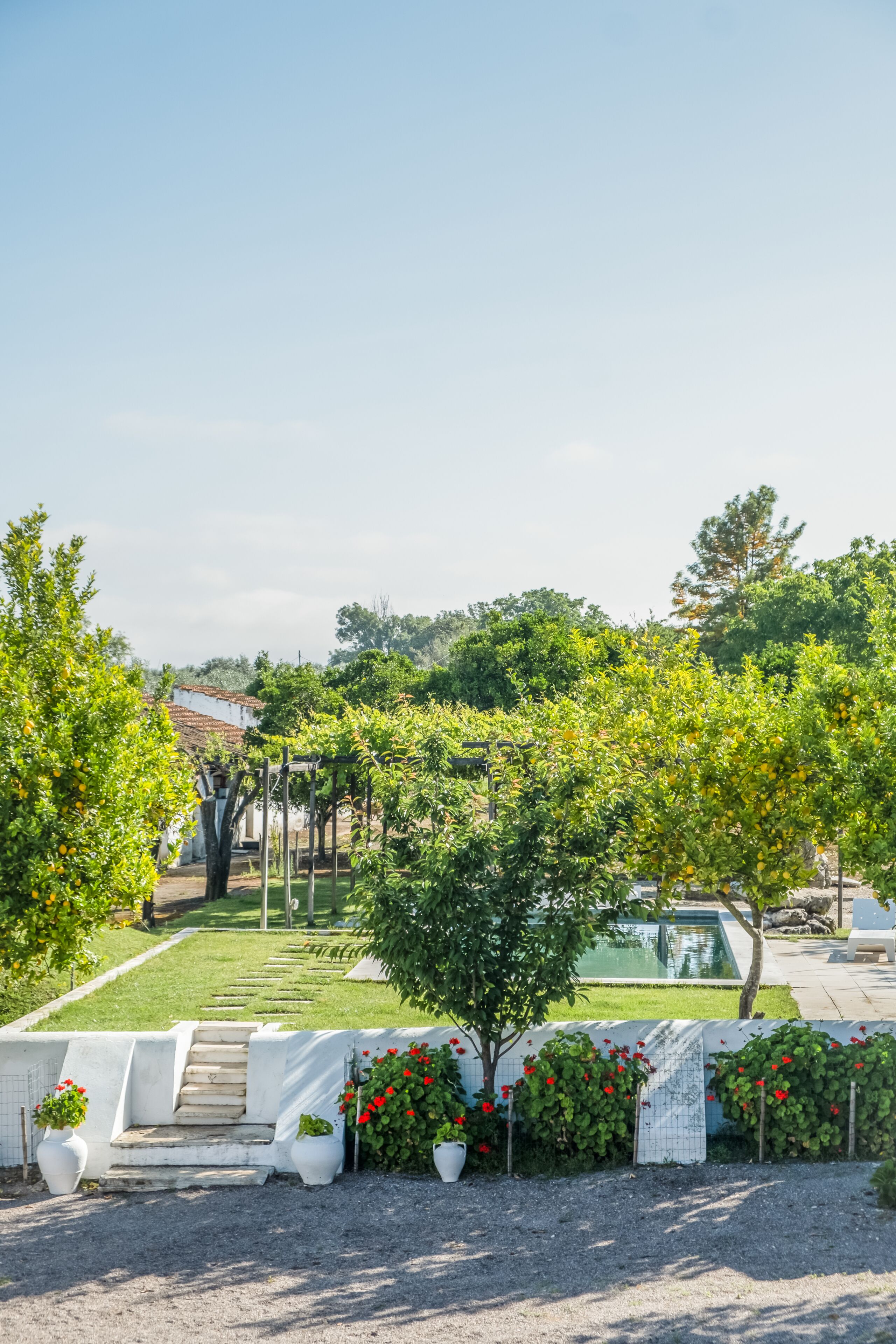 A garden with a paved pathway, a small staircase, and a pool area.