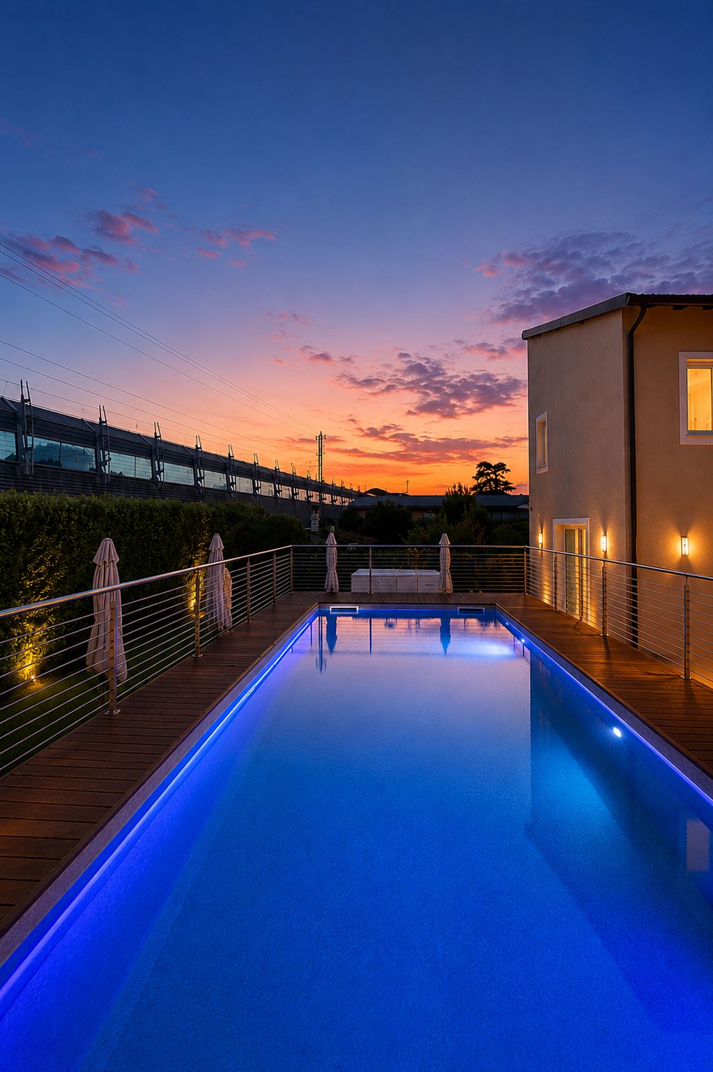 Una piscina con cubierta de madera, rodeada por una valla y sombrillas, con un atardecer al fondo.