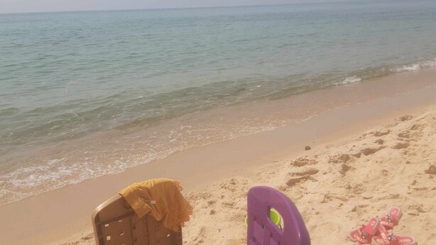 Ein Strand mit klarem Wasser, sandigem Ufer und einem violetten Liegestuhl.
