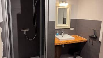 Shower, hair dryer, soap, toilet paper