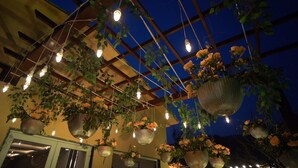 A ceiling with hanging baskets of flowers and string lights.