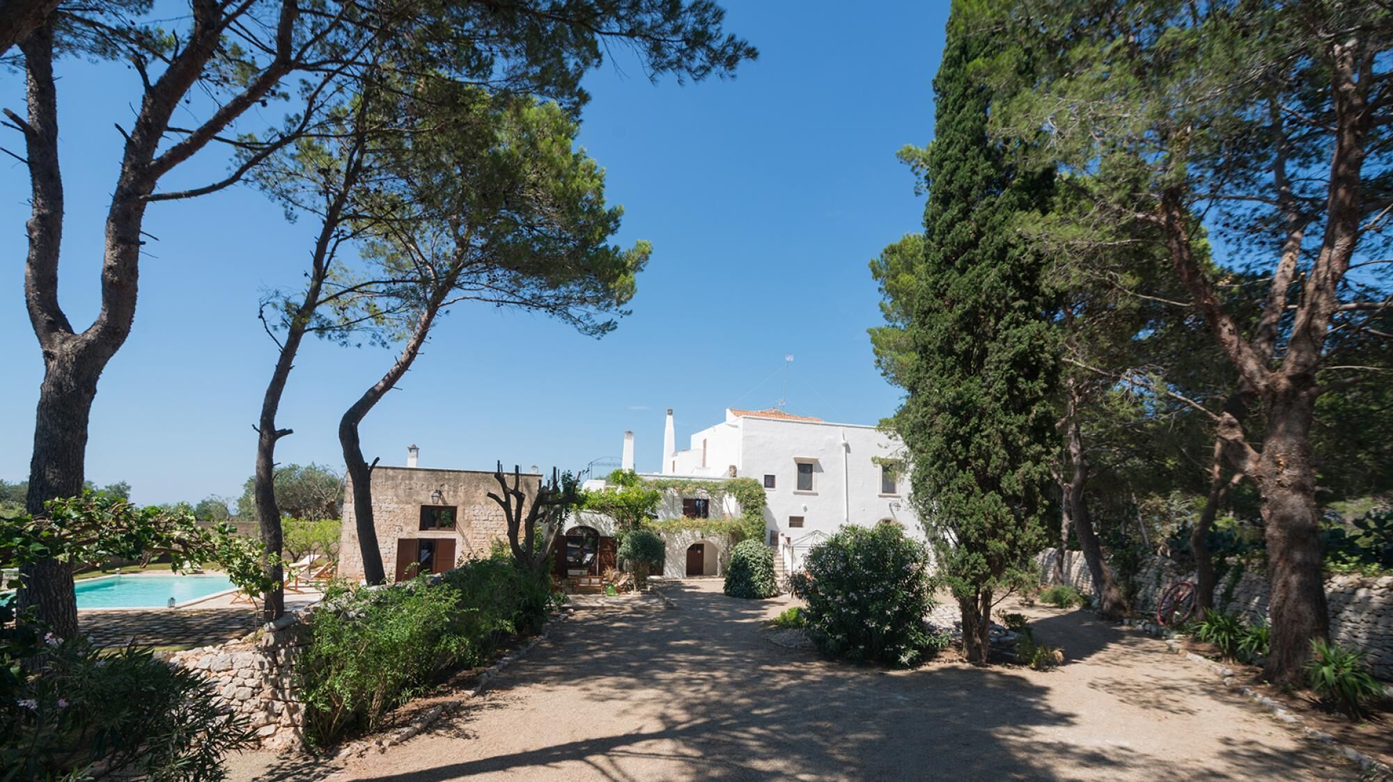 A villa with a swimming pool, surrounded by trees and a clear sky.