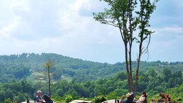 Two people seated on chairs with a view of a forested hillside.
