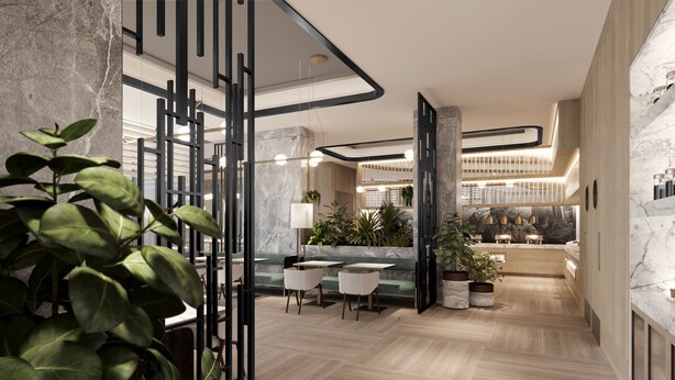 Una hall d'albergo moderna con un'area salotto centrale, pareti in marmo e un'illuminazione mista tra luce naturale e artificiale.