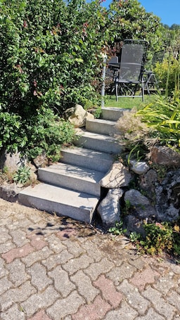 A stone staircase leading up to a seating area surrounded by greenery.. 9-person chalet in the heart of the Vosges - Near Gérardmer, Tendon and Épinal
