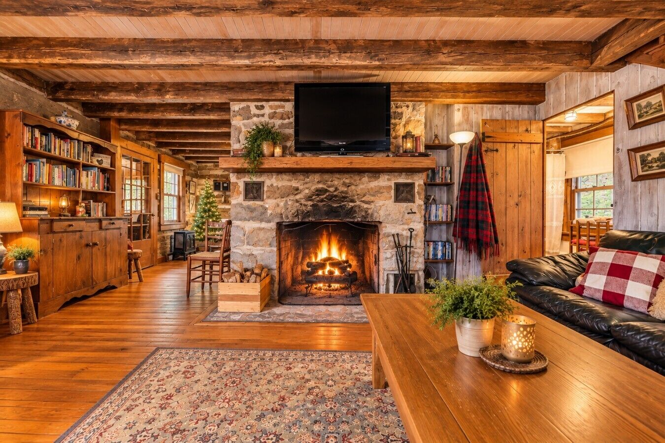 A cozy living room with a stone fireplace, wooden bookshelves, a leather sofa, and a television mounted above the fireplace.