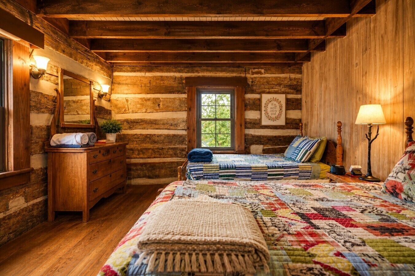 A log cabin bedroom with a bed, dresser, and a window with a view.