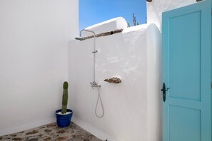 A narrow outdoor space with a white wall, a blue door, a showerhead, a cactus in a blue pot, and a stone floor.