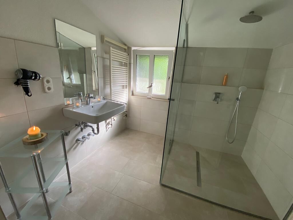 Shower, hair dryer, towels, toilet paper