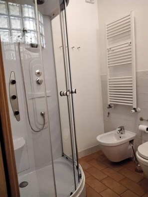 Shower, hair dryer, bidet, towels